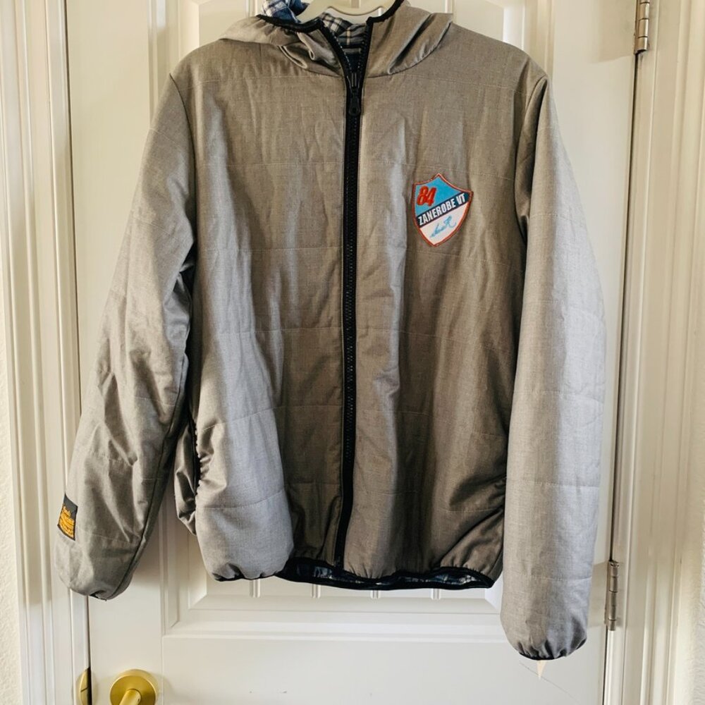 Zanerobe Mens Gray Quilted Hooded Zip Up Embroidered Jacket | Medium